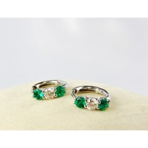 18K White Gold Diamond and Genuine Emerald loop earrings