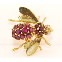 18K Yellow Gold Diamond and Ruby Vintage Bee Pin