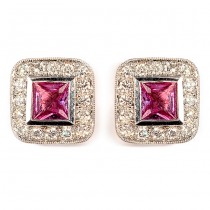 White Gold Diamond and Pink Sapphire Earrings