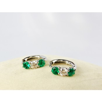 18K White Gold Diamond and Genuine Emerald loop earrings
