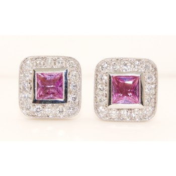 18K White Gold Diamond and Pink Sapphire Earrings