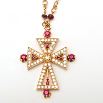 18K Rubies and Diamonds Yellow Gold Cross Necklace