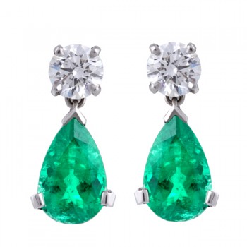 Platinum Diamond and Emerald Drop Earrings